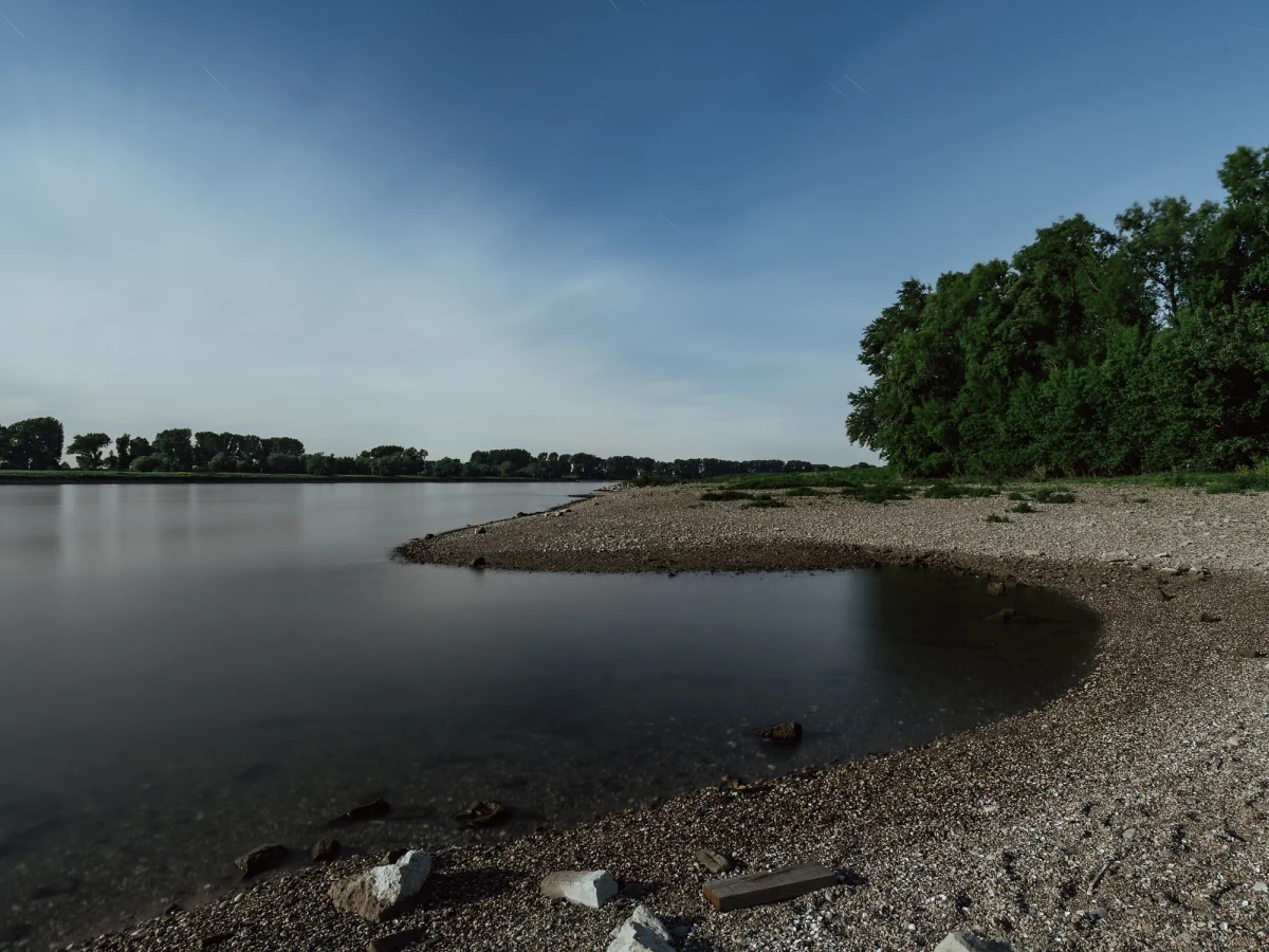 Nachtaufnahme am Rhein mit dem Mond als Lichtquelle.